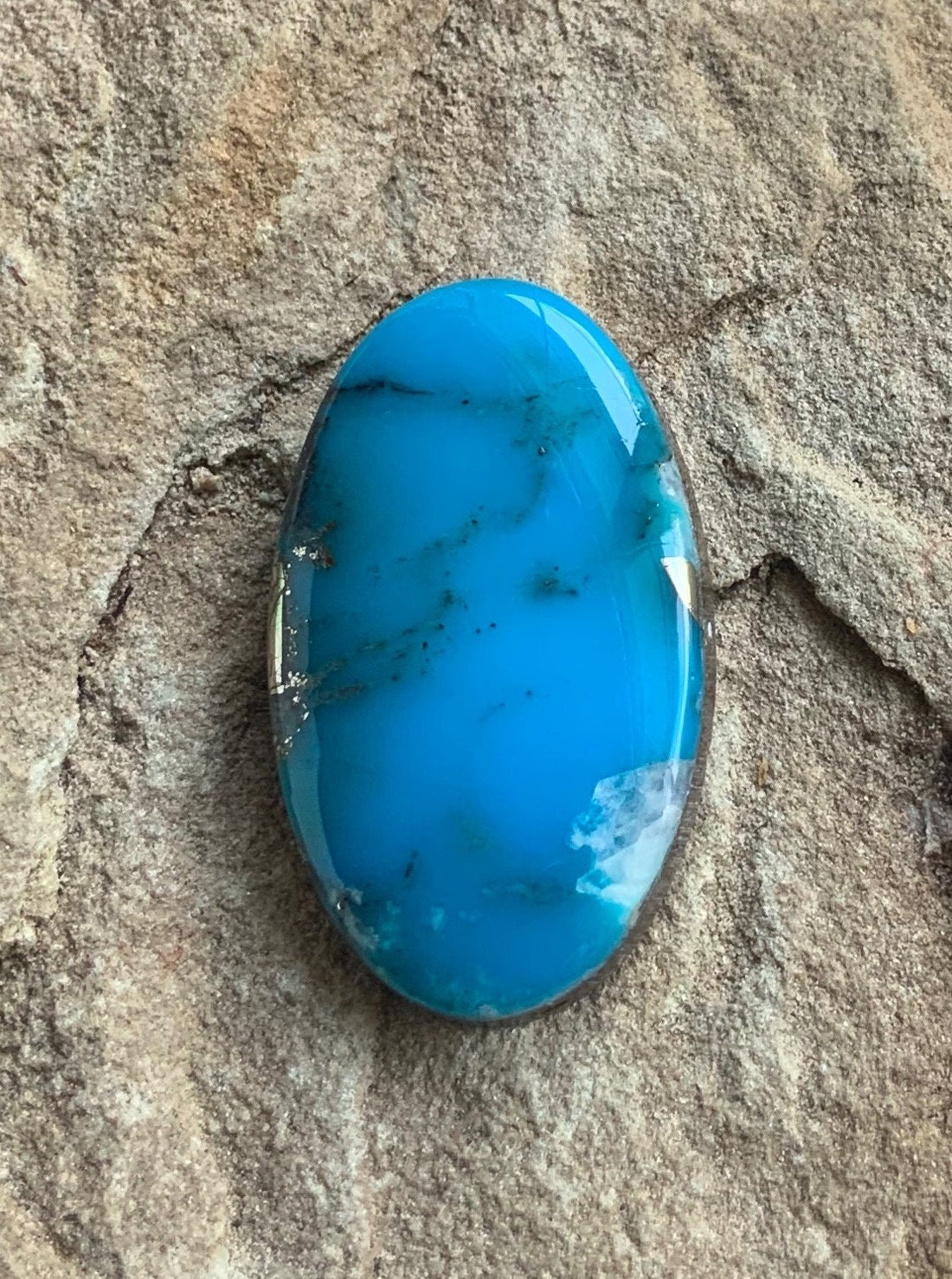 Ithaca Peak Turquoise High Grade Oval Cabochon W/Silver Pyrite and Quartz Inclusion #IP126