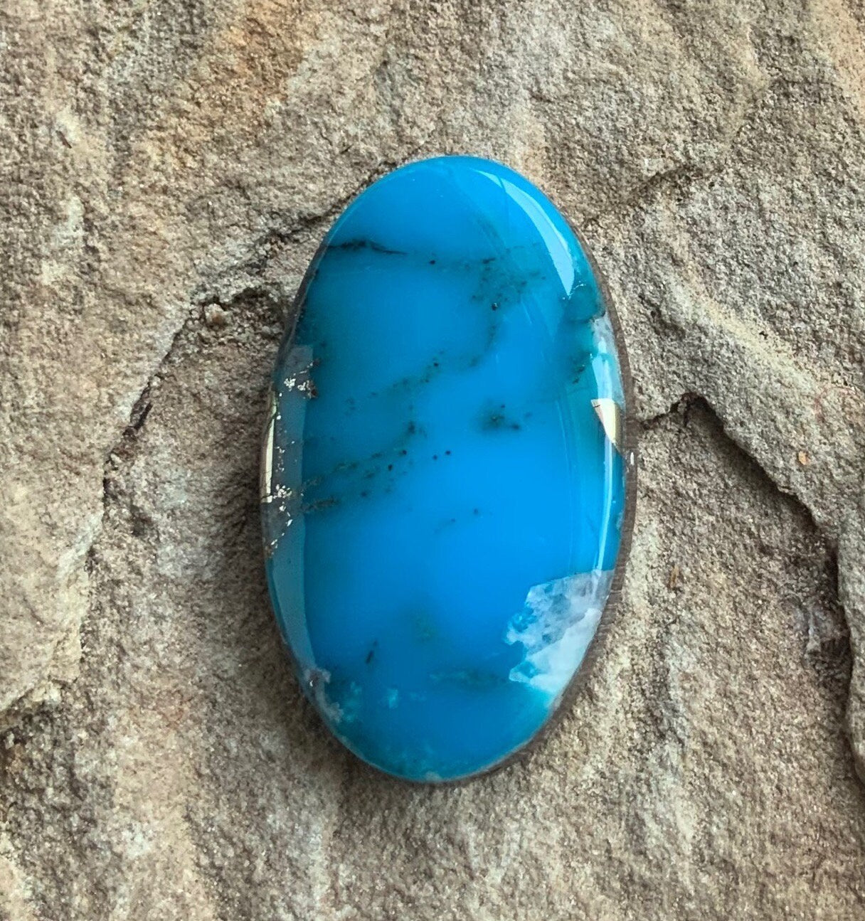 Ithaca Peak Turquoise High Grade Oval Cabochon W/Silver Pyrite and Quartz Inclusion #IP126