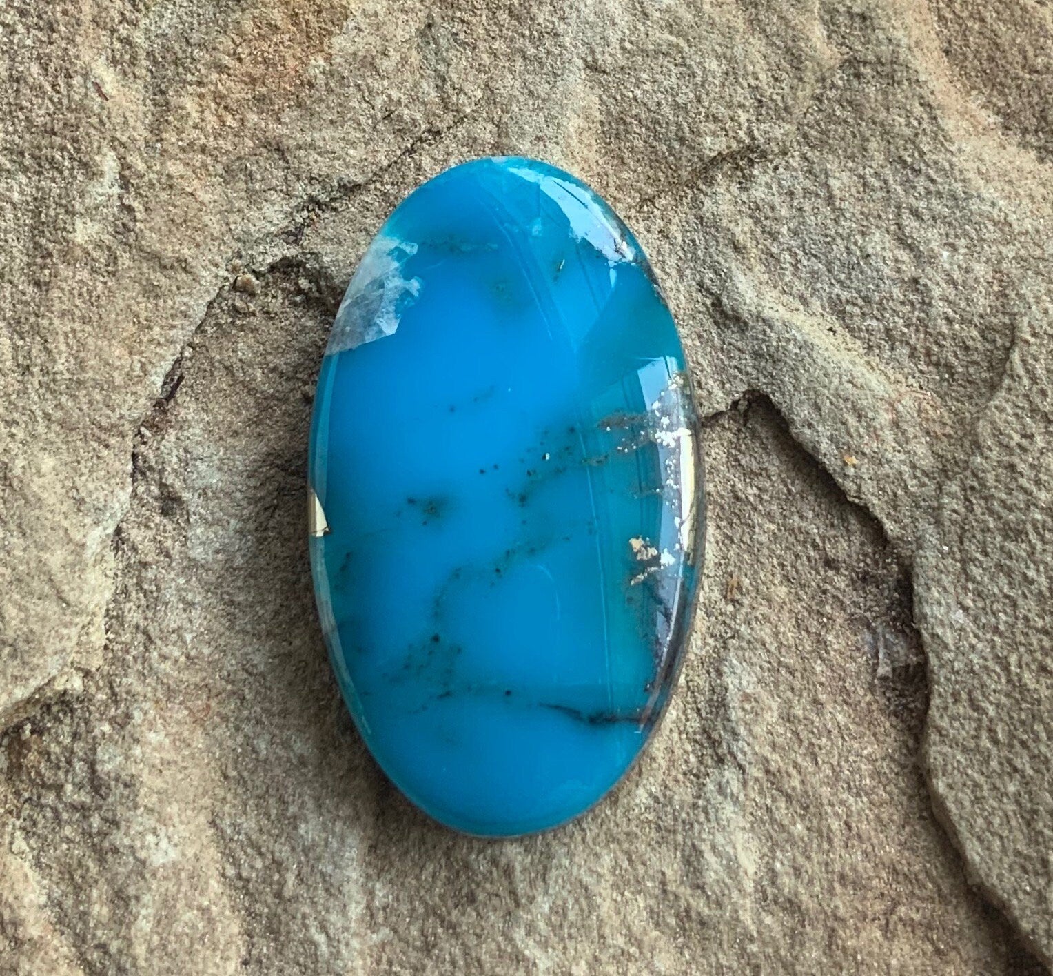 Ithaca Peak Turquoise High Grade Oval Cabochon W/Silver Pyrite and Quartz Inclusion #IP126