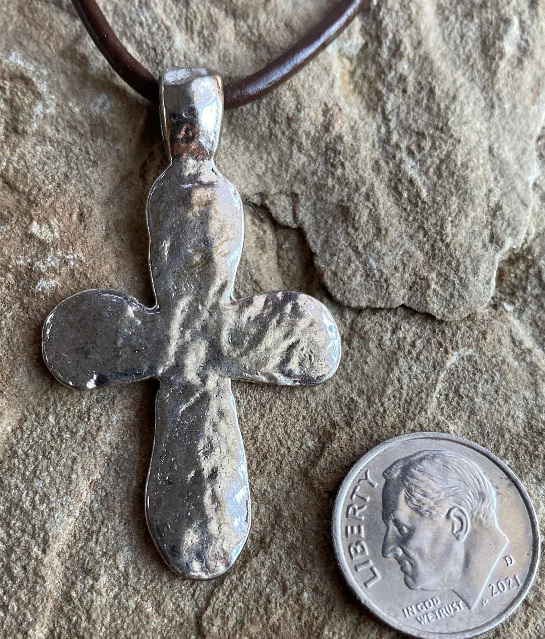 Silver Rustic Hammered Pewter Cross Pendant